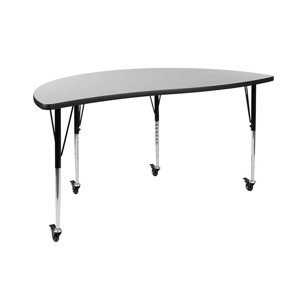 Mobile 60" Half Circle Wave Collaborative Grey Thermal Laminate Activity Table - Standard Height Adjustable Legs