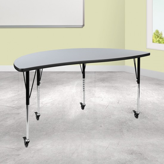 Mobile 60" Half Circle Wave Collaborative Grey Thermal Laminate Activity Table - Standard Height Adjustable Legs