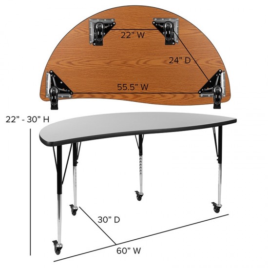 Mobile 60" Half Circle Wave Collaborative Grey Thermal Laminate Activity Table - Standard Height Adjustable Legs