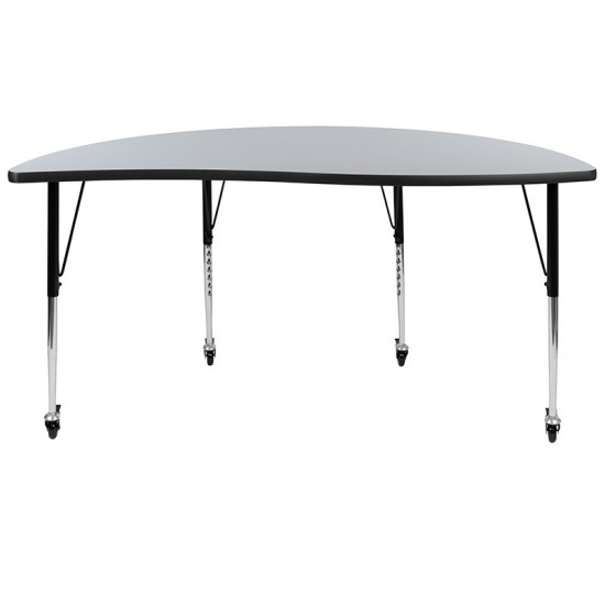 Mobile 60" Half Circle Wave Collaborative Grey Thermal Laminate Activity Table - Standard Height Adjustable Legs