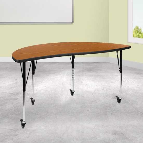 Mobile 60" Half Circle Wave Collaborative Oak Thermal Laminate Activity Table - Standard Height Adjustable Legs