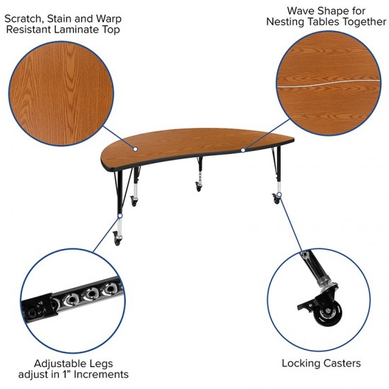 Mobile 60" Half Circle Wave Collaborative Oak Thermal Laminate Activity Table - Height Adjustable Short Legs