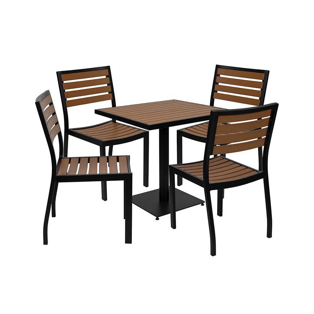 Outdoor Patio Bistro Dining Table Set with 4 Chairs and Faux Teak Poly Slats