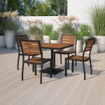 Outdoor Patio Bistro Dining Table Set with 4 Chairs and Faux Teak Poly Slats