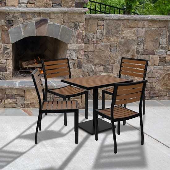 Outdoor Patio Bistro Dining Table Set with 4 Chairs and Faux Teak Poly Slats