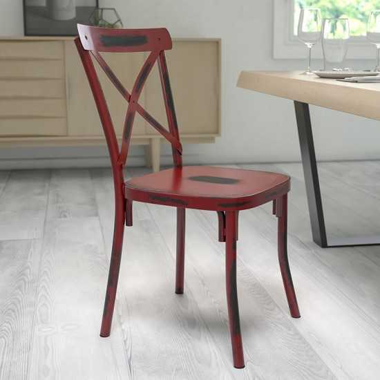 Rustic Distressed Metal Cross Back Chair (Red)