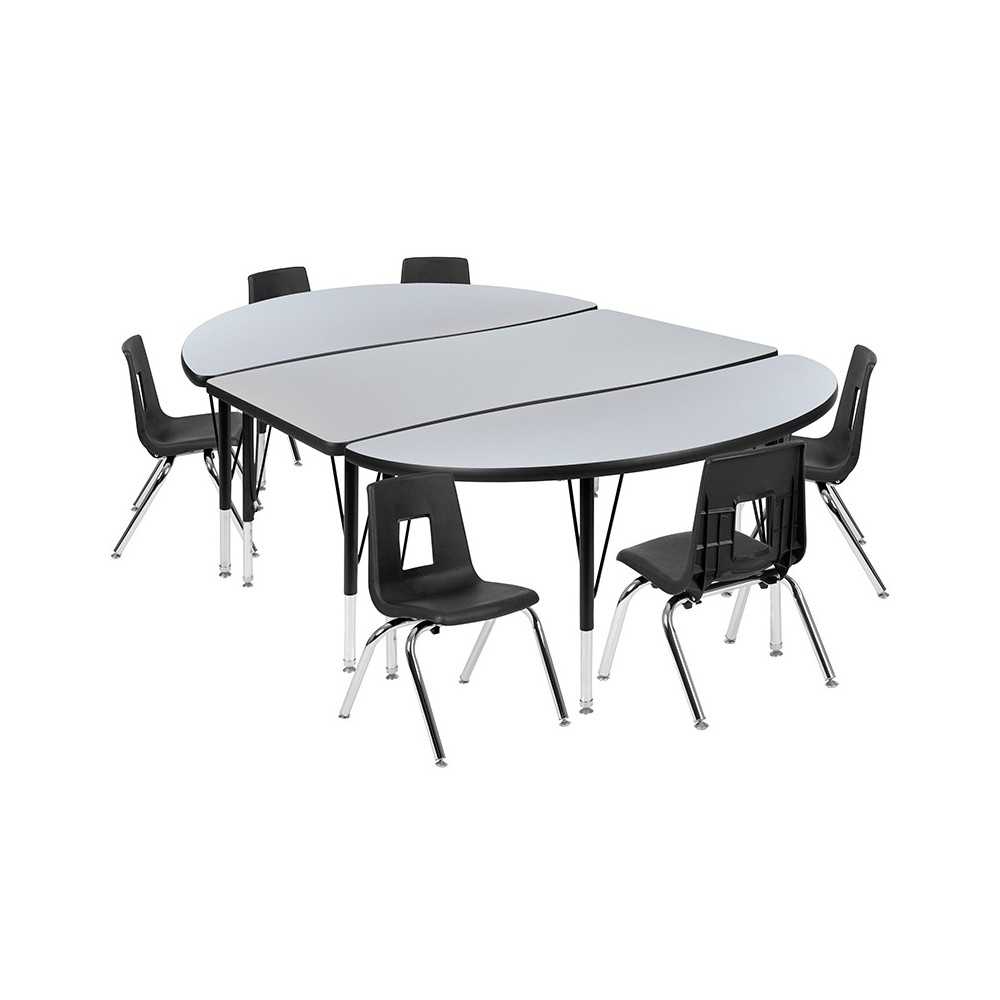 76" Oval Wave Collaborative Laminate Activity Table Set with 12" Student Stack Chairs, Grey/Black