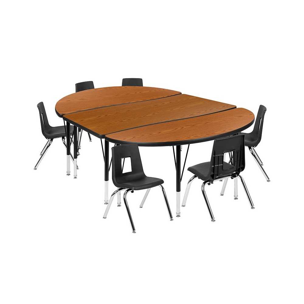 76" Oval Wave Collaborative Laminate Activity Table Set with 12" Student Stack Chairs, Oak/Black