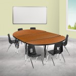 76" Oval Wave Collaborative Laminate Activity Table Set with 12" Student Stack Chairs, Oak/Black