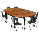 Mobile 76" Oval Wave Collaborative Laminate Activity Table Set with 12" Student Stack Chairs, Oak/Black