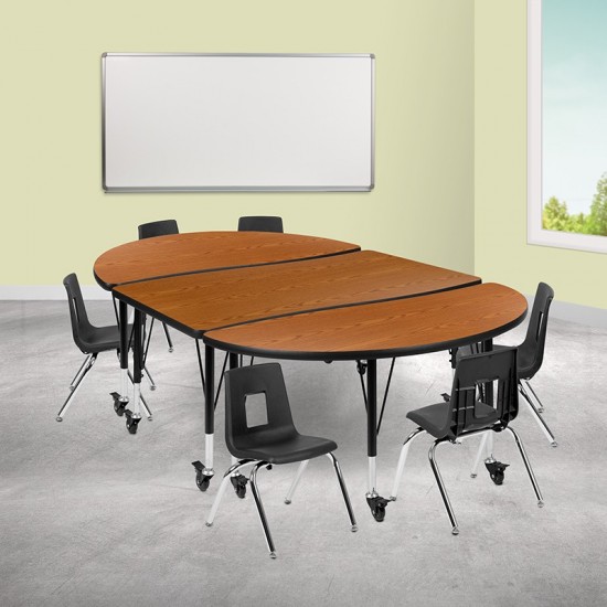 Mobile 76" Oval Wave Collaborative Laminate Activity Table Set with 12" Student Stack Chairs, Oak/Black