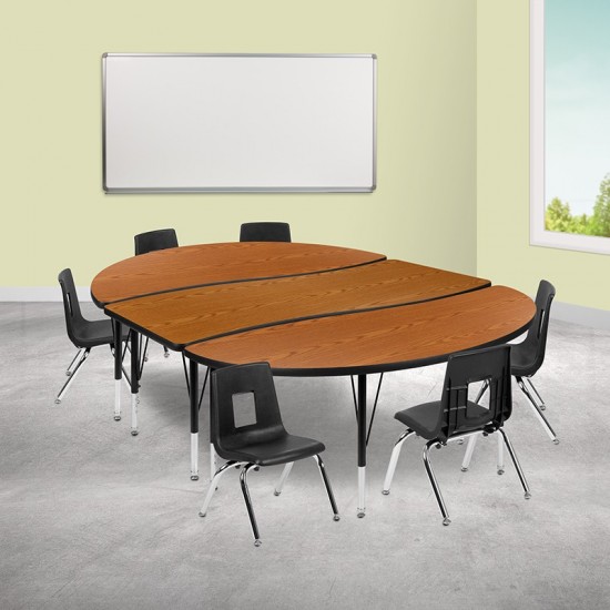 86" Oval Wave Collaborative Laminate Activity Table Set with 12" Student Stack Chairs, Oak/Black