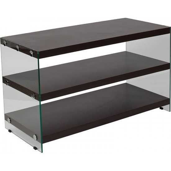 Wynwood Collection Dark Ash Wood Grain Finish TV Stand with Shelves and Glass Frame