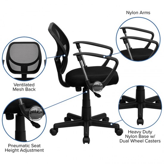 Low Back Black Mesh Swivel Task Office Chair with Curved Square Back and Arms