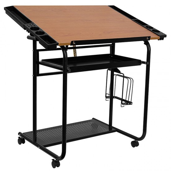 Adjustable Drawing and Drafting Table with Black Frame and Dual Wheel Casters