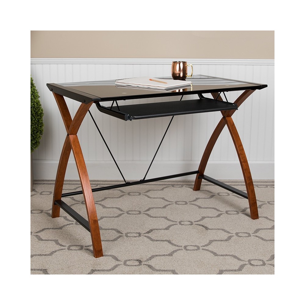 Black Glass Computer Desk with PullOut Keyboard Tray and Crisscross Frame