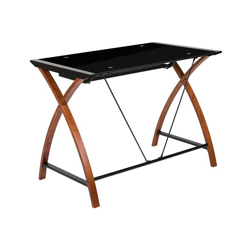 Black Glass Computer Desk with PullOut Keyboard Tray and Crisscross Frame