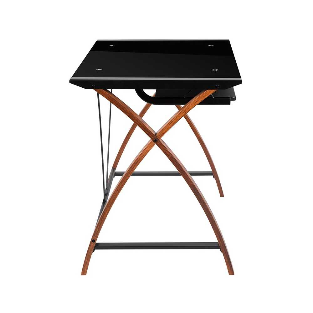 Black Glass Computer Desk with PullOut Keyboard Tray and Crisscross Frame