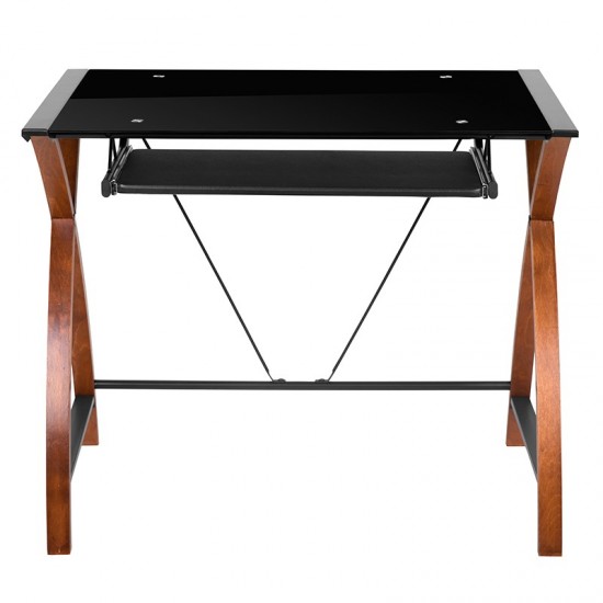 Black Glass Computer Desk with Pull-Out Keyboard Tray and Crisscross Frame