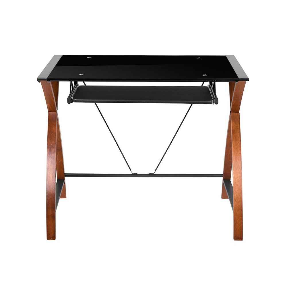 Black Glass Computer Desk with PullOut Keyboard Tray and Crisscross Frame