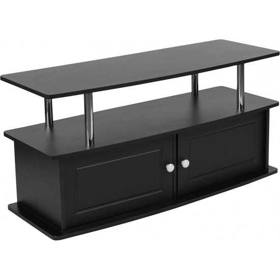 Evanston Black TV Stand with Shelves, Cabinet and Stainless Steel Tubing