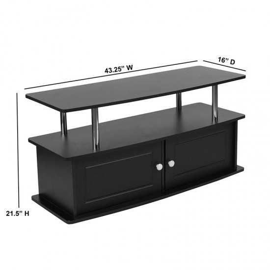 Evanston Black TV Stand with Shelves, Cabinet and Stainless Steel Tubing