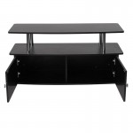 Evanston Black TV Stand with Shelves, Cabinet and Stainless Steel Tubing