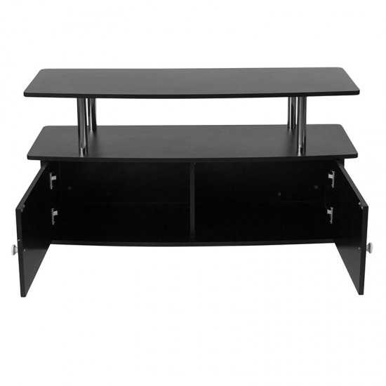 Evanston Black TV Stand with Shelves, Cabinet and Stainless Steel Tubing