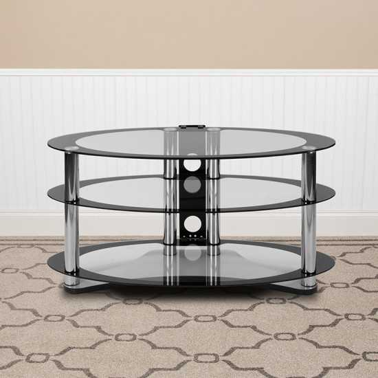 Westchester Two-Tone Glass TV Stand with Shelves and Chrome Tubing