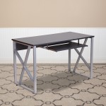 Black Computer Desk with Pull-Out Keyboard Tray and Cross-Brace Frame