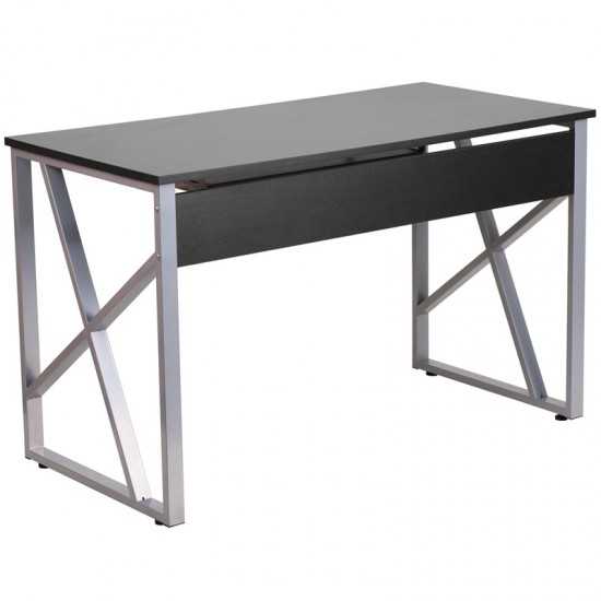 Black Computer Desk with Pull-Out Keyboard Tray and Cross-Brace Frame