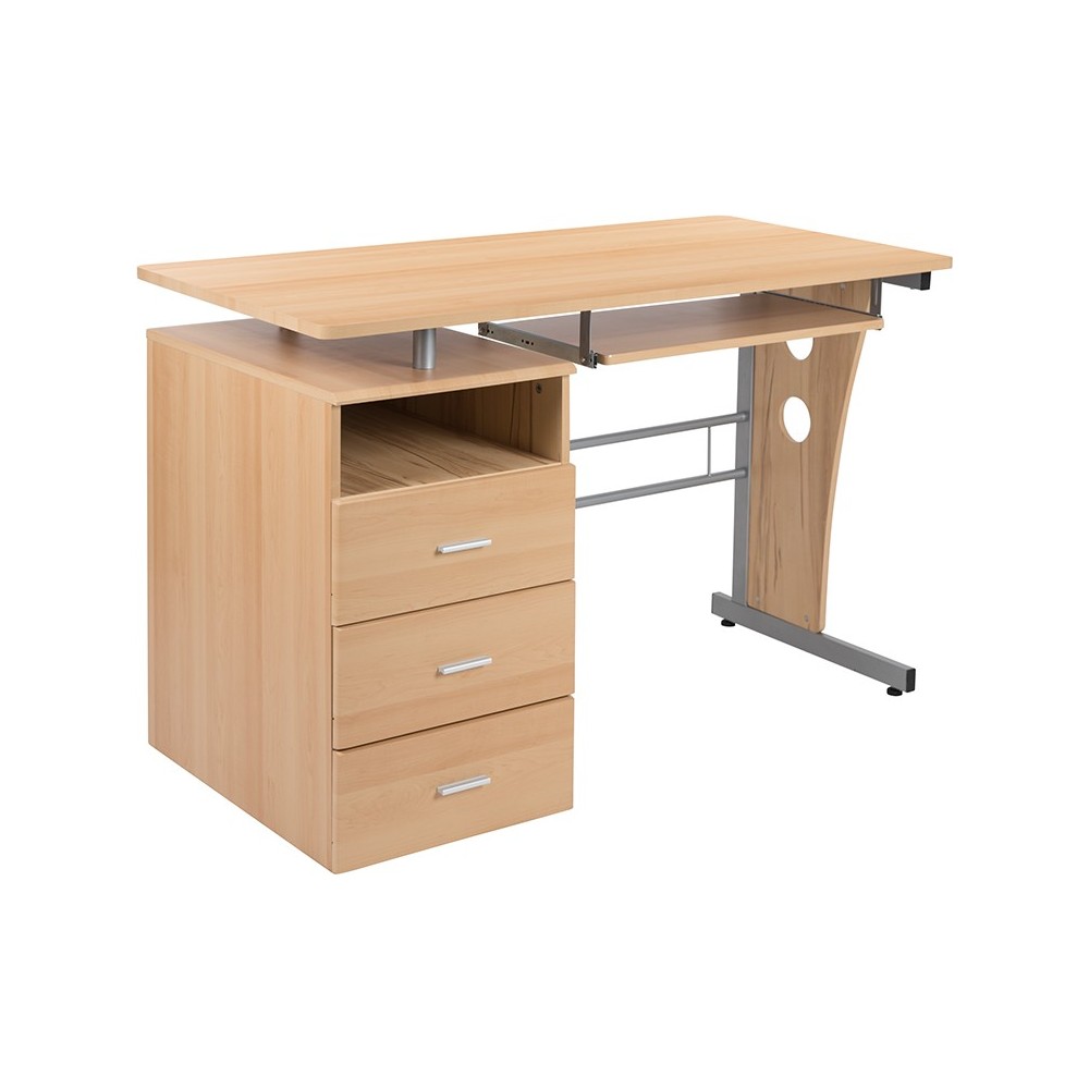 Maple Desk with Three Drawer Pedestal and Pull-Out Keyboard Tray