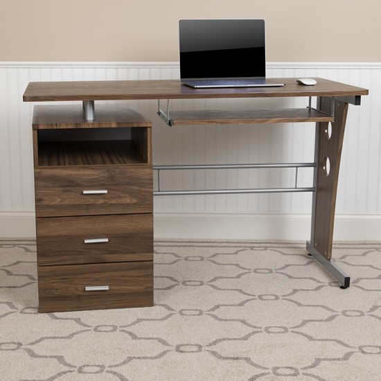 Rustic Walnut Desk with Three Drawer Pedestal and Pull-Out Keyboard Tray