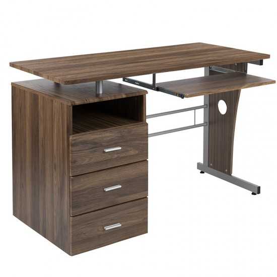 Rustic Walnut Desk with Three Drawer Pedestal and Pull-Out Keyboard Tray