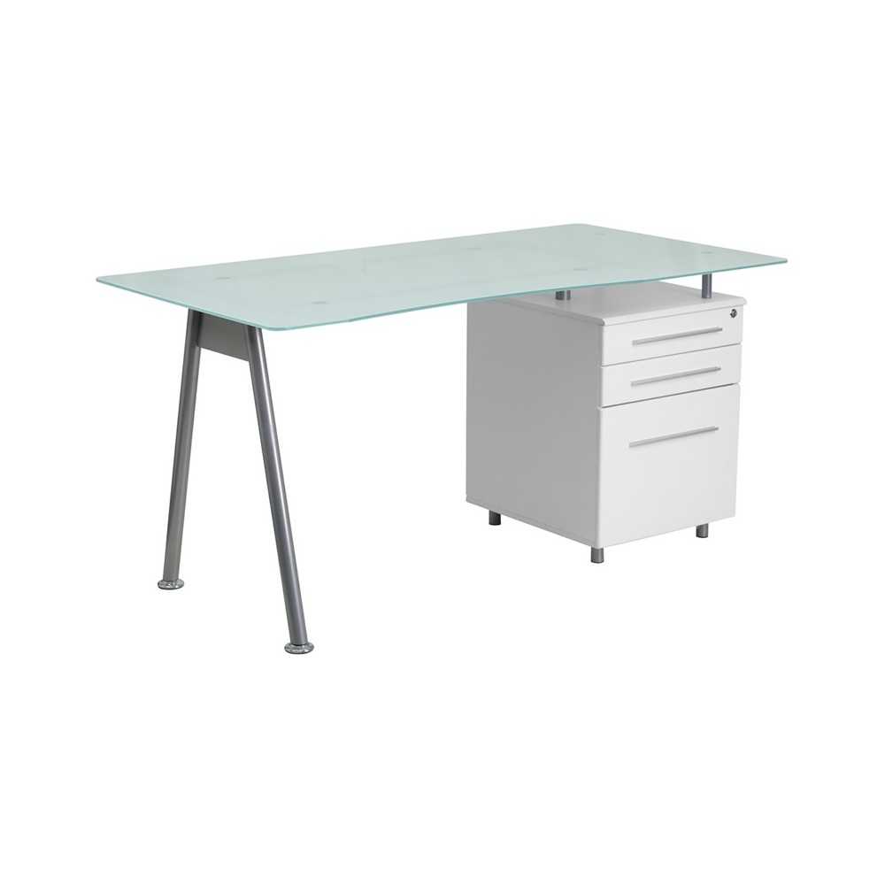 White Computer Desk with Glass Top and Three Drawer Pedestal