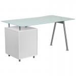 White Computer Desk with Glass Top and Three Drawer Pedestal