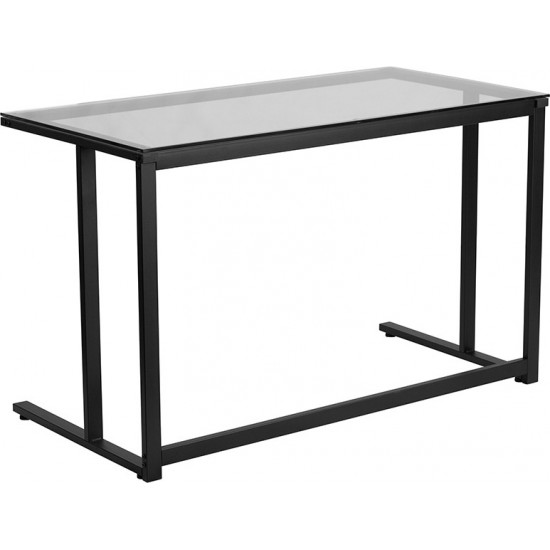 Glass Desk with Black Pedestal Metal Frame