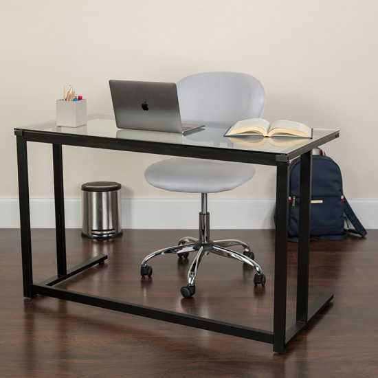 Glass Desk with Black Pedestal Metal Frame