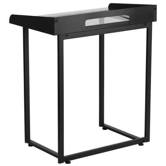 Contemporary Clear Tempered Glass Desk with Raised Cable Management Border and Black Metal Frame