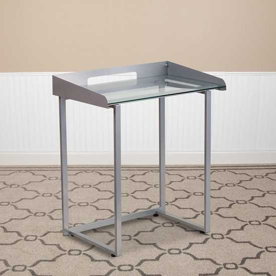 Contemporary Clear Tempered Glass Desk with Raised Cable Management Border and Silver Metal Frame