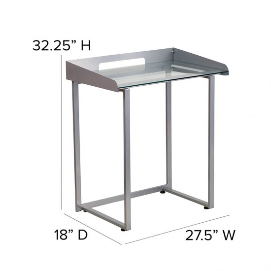 Contemporary Clear Tempered Glass Desk with Raised Cable Management Border and Silver Metal Frame