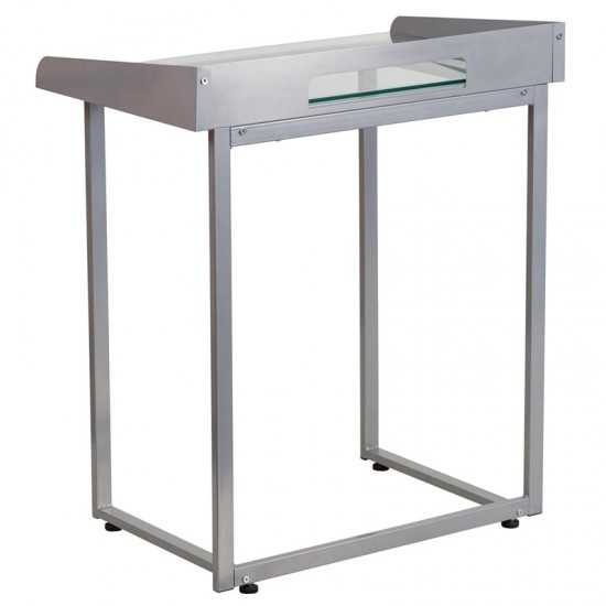 Contemporary Clear Tempered Glass Desk with Raised Cable Management Border and Silver Metal Frame