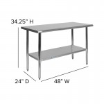 Stainless Steel 18 Gauge Work Table with Undershelf - NSF Certified - 48"W x 24"D x 34.5"H