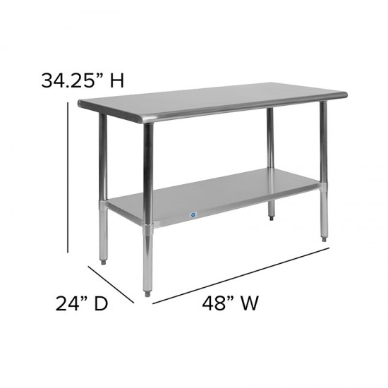 Stainless Steel 18 Gauge Work Table with Undershelf - NSF Certified - 48"W x 24"D x 34.5"H