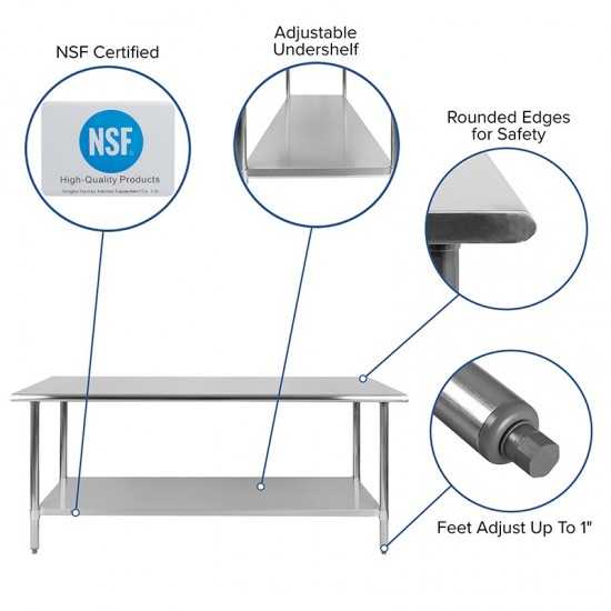 Stainless Steel 18 Gauge Work Table with Undershelf - NSF Certified - 72"W x 30"D x 34.5"H