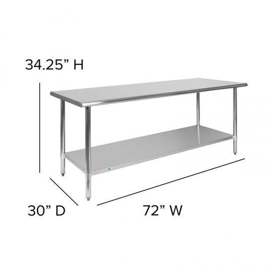 Stainless Steel 18 Gauge Work Table with Undershelf - NSF Certified - 72"W x 30"D x 34.5"H