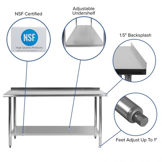 Stainless Steel 18 Gauge Work Table with 1.5" Backsplash and Undershelf - NSF Certified - 60"W x 24"D x 36"H