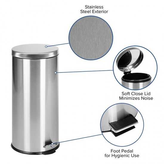 Stainless Steel Fingerprint Resistant Soft Close, Step Trash Can - 30L (7.9 Gallons)
