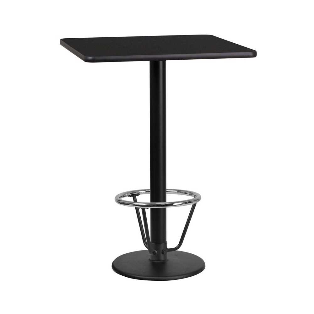 24'' Square Black Laminate Table Top with 18'' Round Bar Height Table Base and Foot Ring 24'' Square Black Laminate Table Top with 18'' Round Bar Height Table Base and Foot Ring