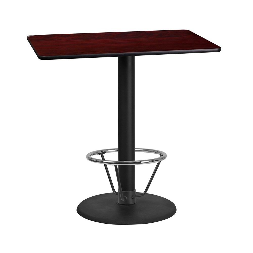 24'' x 42'' Rectangular Mahogany Laminate Table Top with 24'' Round Bar Height Table Base and Foot Ring